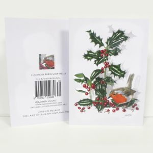 Winter botanical greeting card, European Robin with Holly