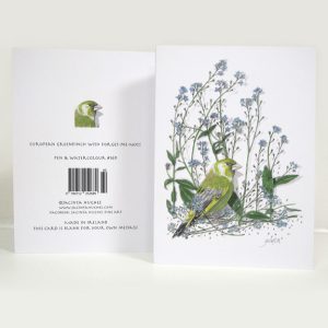 Spring botanical greeting card, European Greenfinch with Forget-me-Nots