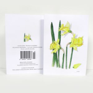 Spring botanical greeting card, Narcissus ‘Dutch Master’, Trumpet Daffodil, Lus an chromchinn