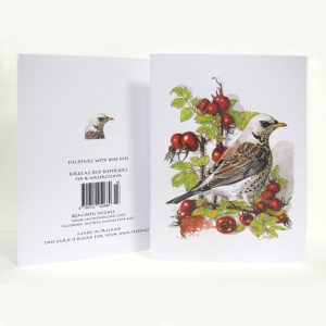 Autumn botanical greeting card, Fieldfare with Rose Hips