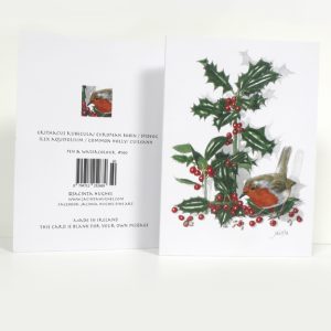 Winter botanical greeting card, Erithacus rubecula, European Robin, Spideog, Ilex aquifolium, Common Holly, Cuileann